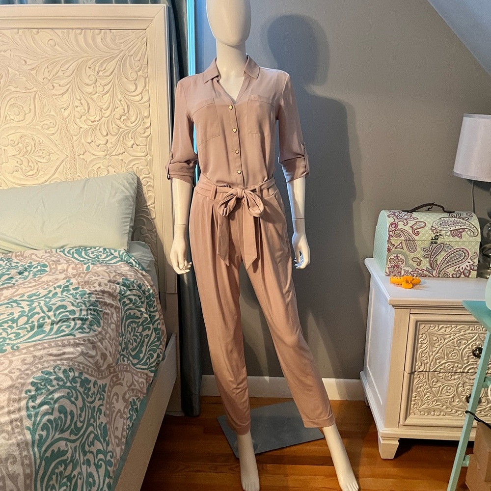Express Dusty Rose Button-Front Tie-Waist Jumpsuit